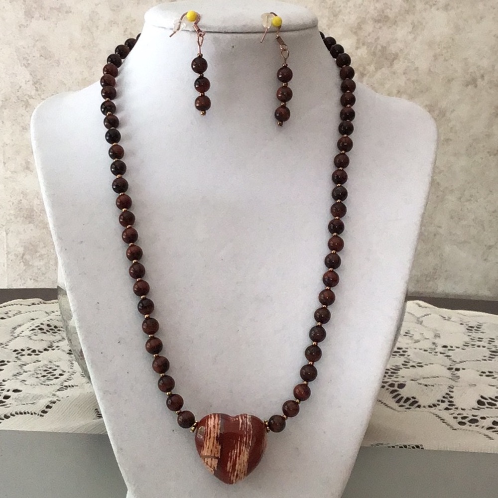 Handmade Poppy Jasper Heart Necklace and Earring Set. 18”. Copper/gold findings